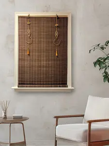 Cordless Bamboo Window Blind Sun Shade, Light Filtering Roller Shades with Oriental Themed Decorative Brass Hooks