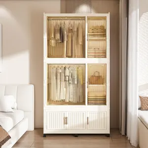 Portable Wardrobe Closet Storage Organizer - 9 Magnetic Doors, 9 Cubes, 2 Hanging Rods, 6 Hangers, White Indoor Furniture Cupboard for Baby Clothes