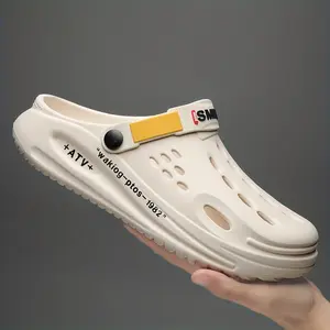 Men's Trendy Thick-Sole EVA Clogs with Alphabet Design - Slip-On, Breathable Garden Shoes with Secure Yellow Strap & "SMN WALKING PROS" Insole Print for Outdoor Comfort, Chunky Shoes