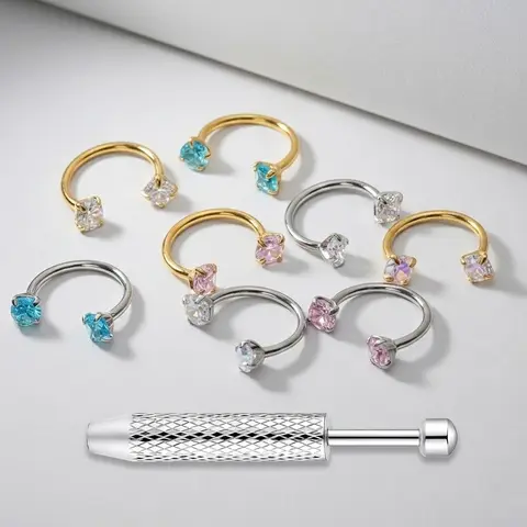 Unisex Stainless Steel Nose Rings Hoops - 8-Pieces 18G 8mm Internally Threaded Horseshoe Piercing Set, 3mm Crystal Gemstones, Free Auxiliary Tool Ball Holder, Accessories for Women, Everyday Wear with Dimensions for Secure Styling