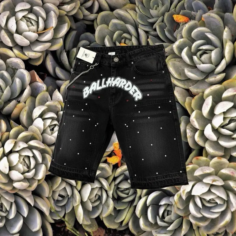 Ballharder Denim & Black Acid Washed Rhinestone Carpenter Baller Jhorts with Wallet Chain Included for Men distressed jean