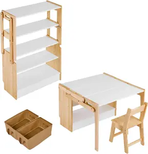 Art Table and 1 Chair Set, Convertible Activity Table to Storage Shelves, Craft Play Desk with 2 Storage Box, Folding Table and Chair Furniture Set, Adjustable Table for School and Home