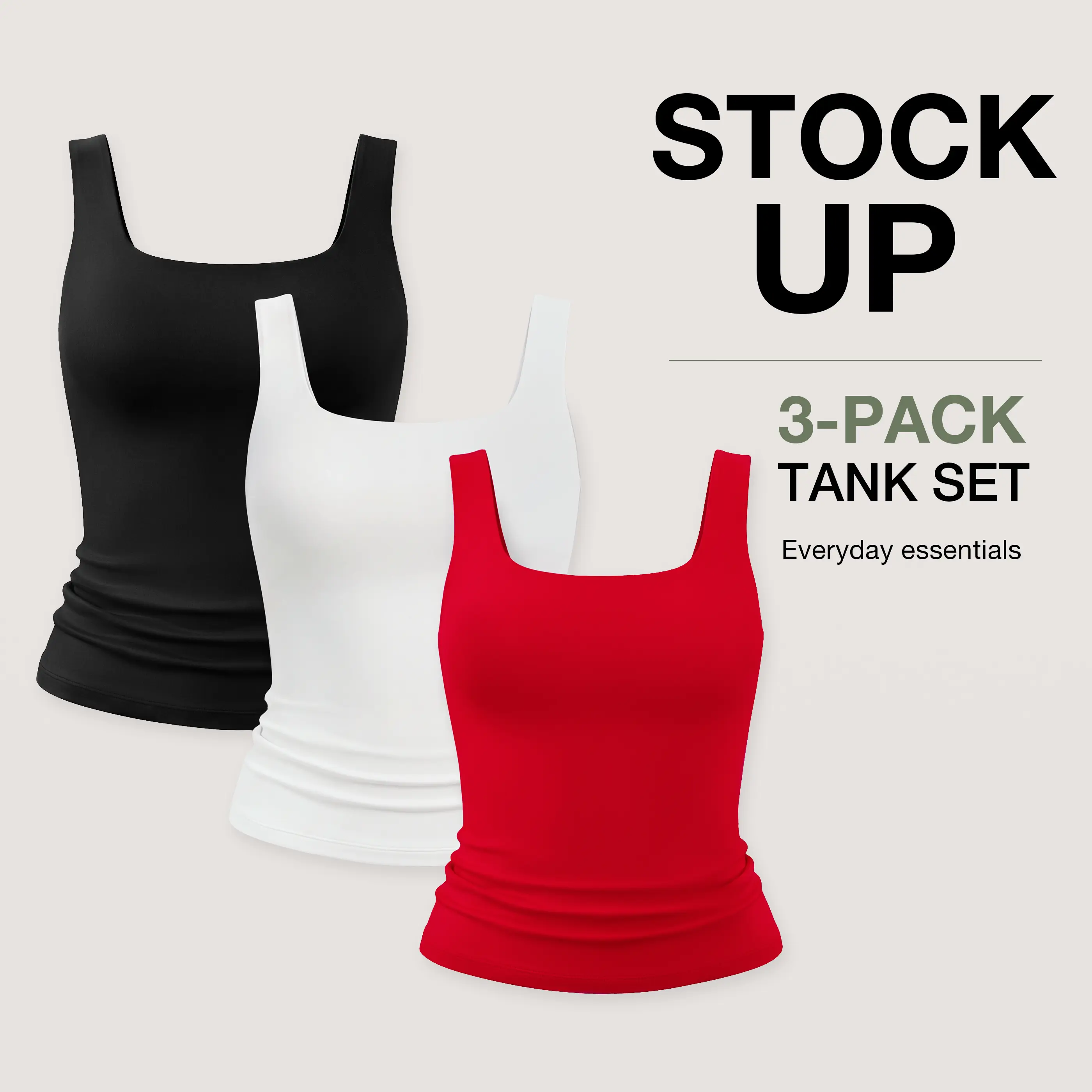 PUMIEY【3 Piece Set】Square Neck Women's Tank Top Sleeveless Double Lined Basic Tops Sharp Collection Womenswear Tube Minimalist Comfort Lady Underwear Casual summerwins,back to school,back to school shopping