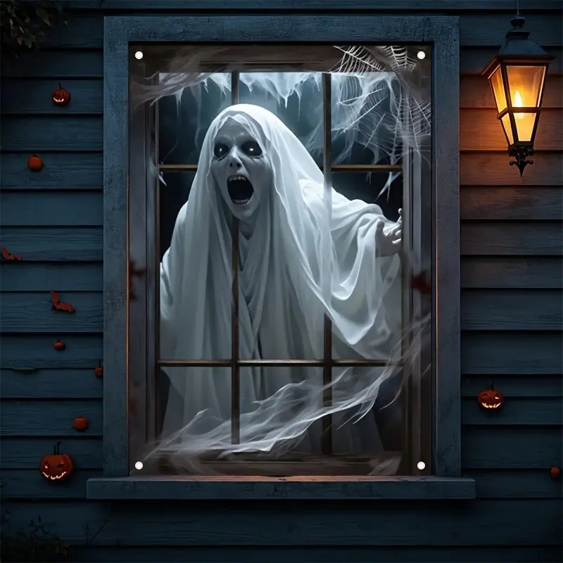 Halloween Window Banner Decoration, 1 Piece with Scary Ghost Design, Home Decor Banner, Polyester Fabric Indoor Wall & Window Decor, No Power Needed, Versatile Holiday Accessory