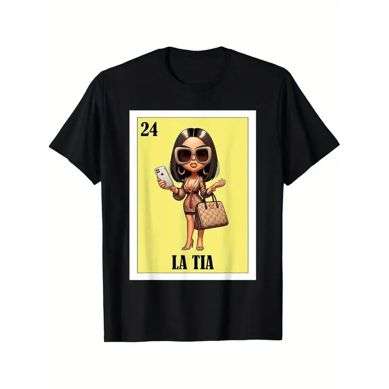Funny Mexican La Tia Graphic T-Shirt - Aunt Fresa Version with Cartoon Character & Phone Design - 100% Cotton Regular Fit High Neck Casual Tee for Adults - Family Matching Gift for Holidays, Birthdays, 4th of July, Mexican T Shirt