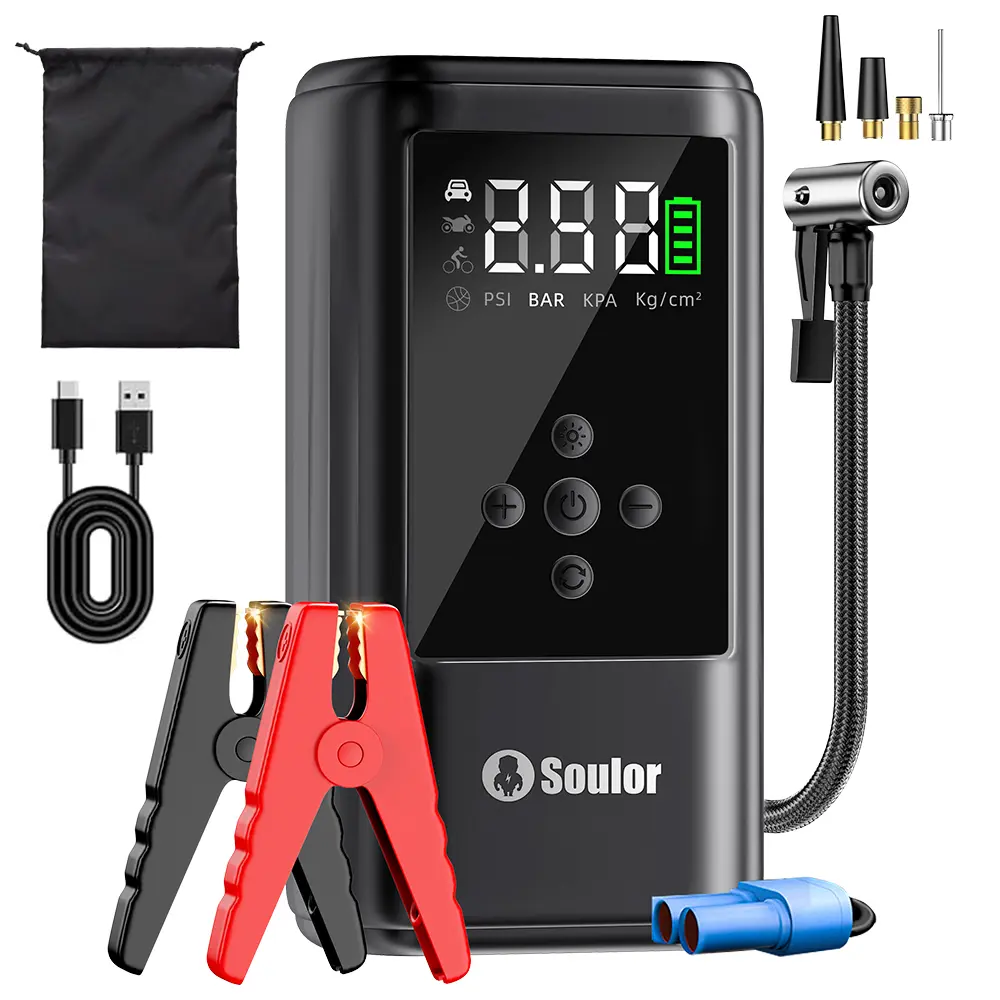 Soulor 4-in-1 Car Jump Starter with Air Compressor & 160PSI Tire Inflator, Portable Power Bank, LED Light & SOS for Car Emergency & Outdoor Camping