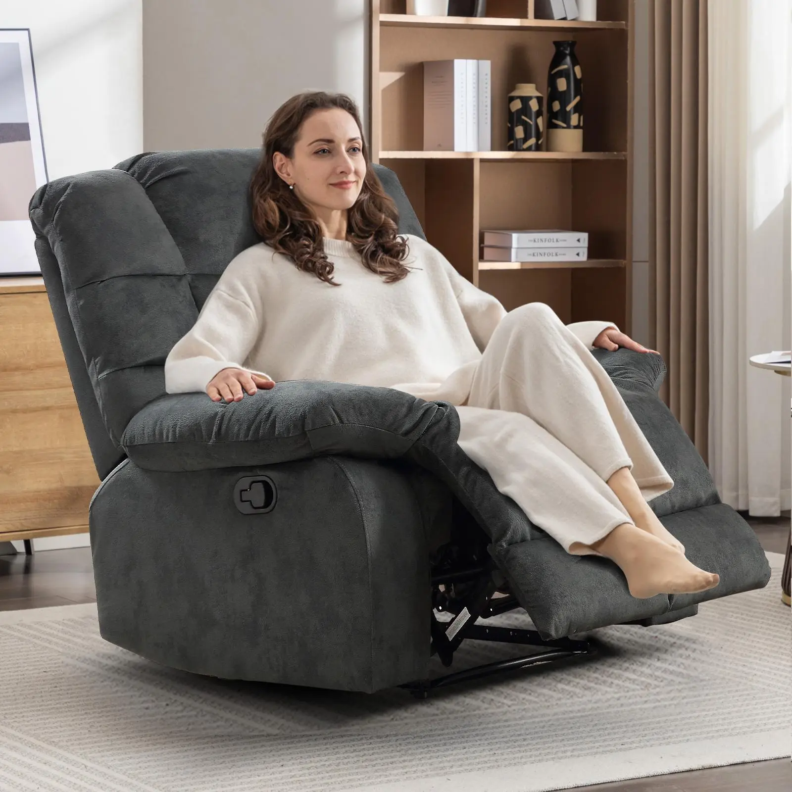 Ebello 37" Wide Manual Reclining Chair - Modern Lounge Chair with Overstuffed Comfy Fabric, Heat, Vibration, Cup Holders, Ergonomically Adjustable Durable Seating for Living Room, Bedroom