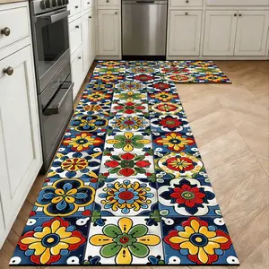 Silica Gel Kitchen Rug, Moroccan/ Spanish Tile Design, Anti-Slip, Durable, Comfortable, Suitable for Kitchen, Bathroom, Living Room