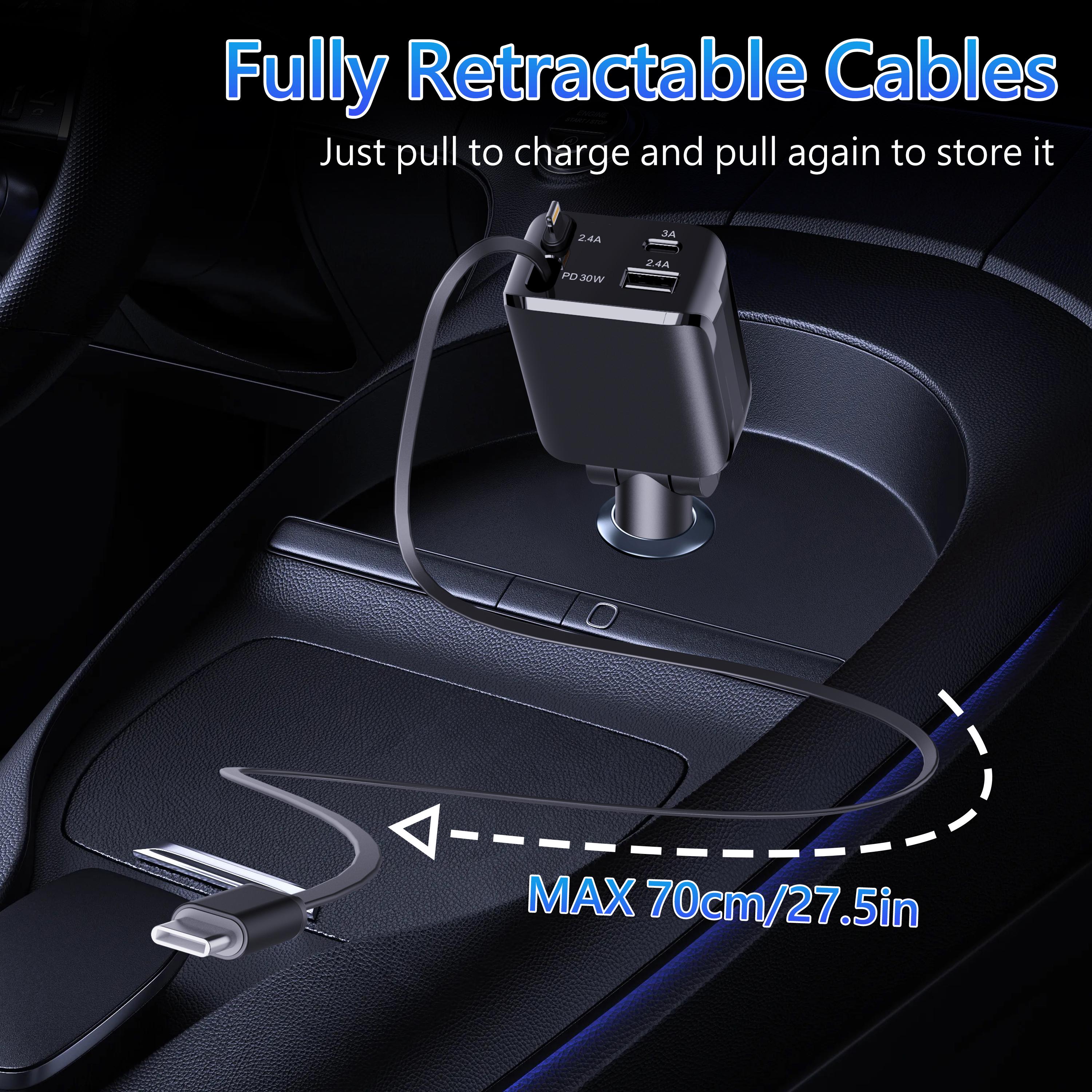 4 in 1 Retractable Car Charger, USB C Fast Charging Adapter with Lightning Cable Compatible with iPhone 16/15/14/13 Pro Max Plus, Samsung S23/S22/S10