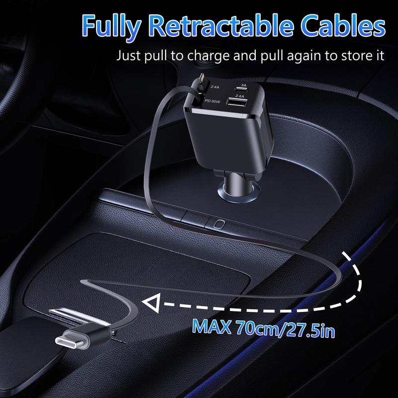 4 in 1 Retractable Car Charger, USB C Fast Charging Adapter with Lightning Cable Compatible with iPhone 16/15/14/13 Pro Max Plus, Samsung S23/S22/S10