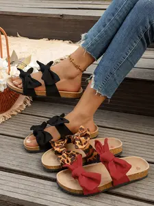 Spring Summer Large Size Women's Shoes, Classic Elegant Footwear, Fashionable Dual Butterfly Knots, Textile Anti-Slip, Indoor Outdoor Wear, Ladies Flat Slippers, Butterfly Decorated Slides
