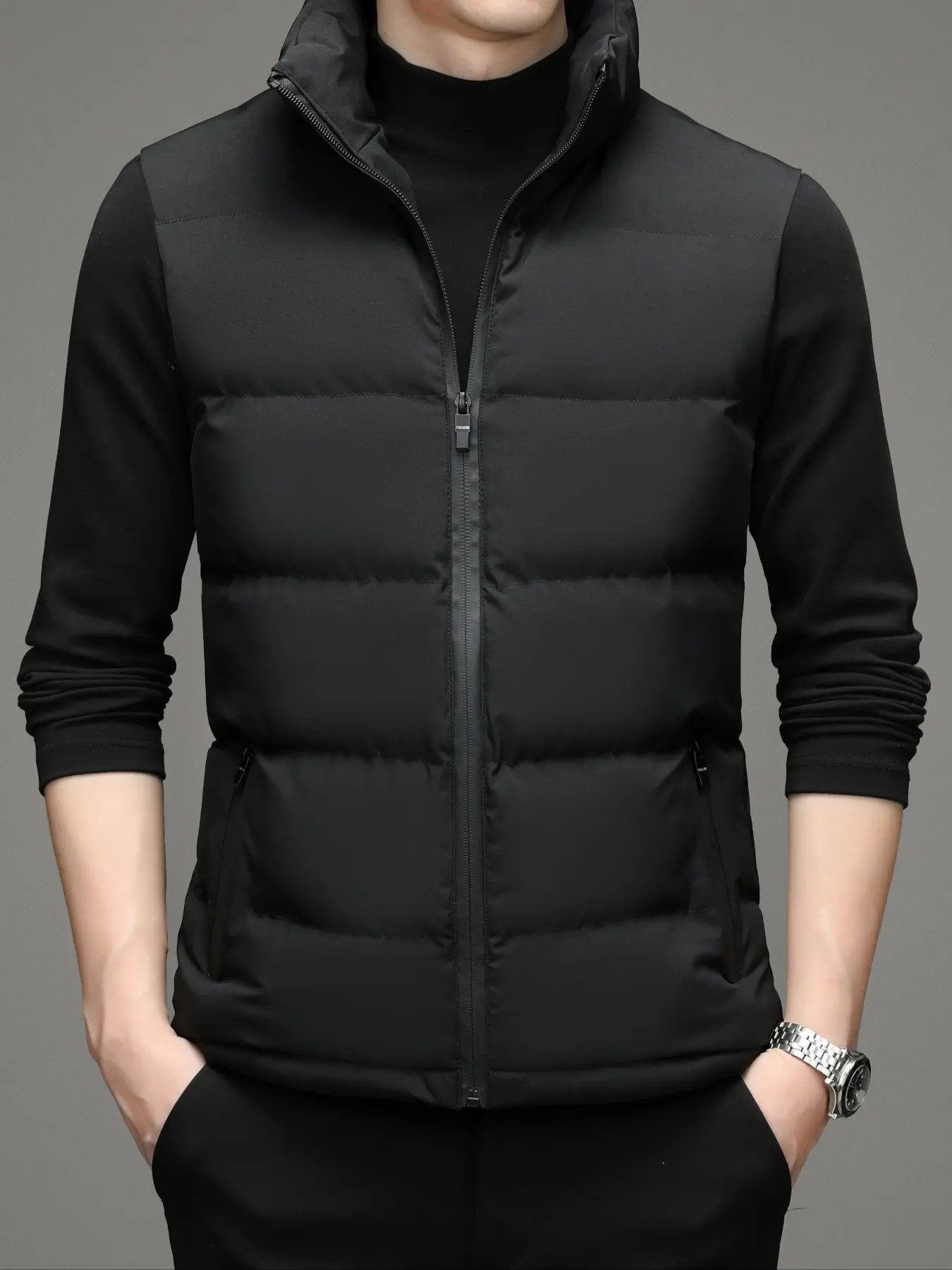 Men's Stand Collar Down Vest Gilet Waistcoats, Business Casual Style, Warm Zipper Closure, Multiple Pockets, Ideal for Autumn Winter Daily Wear