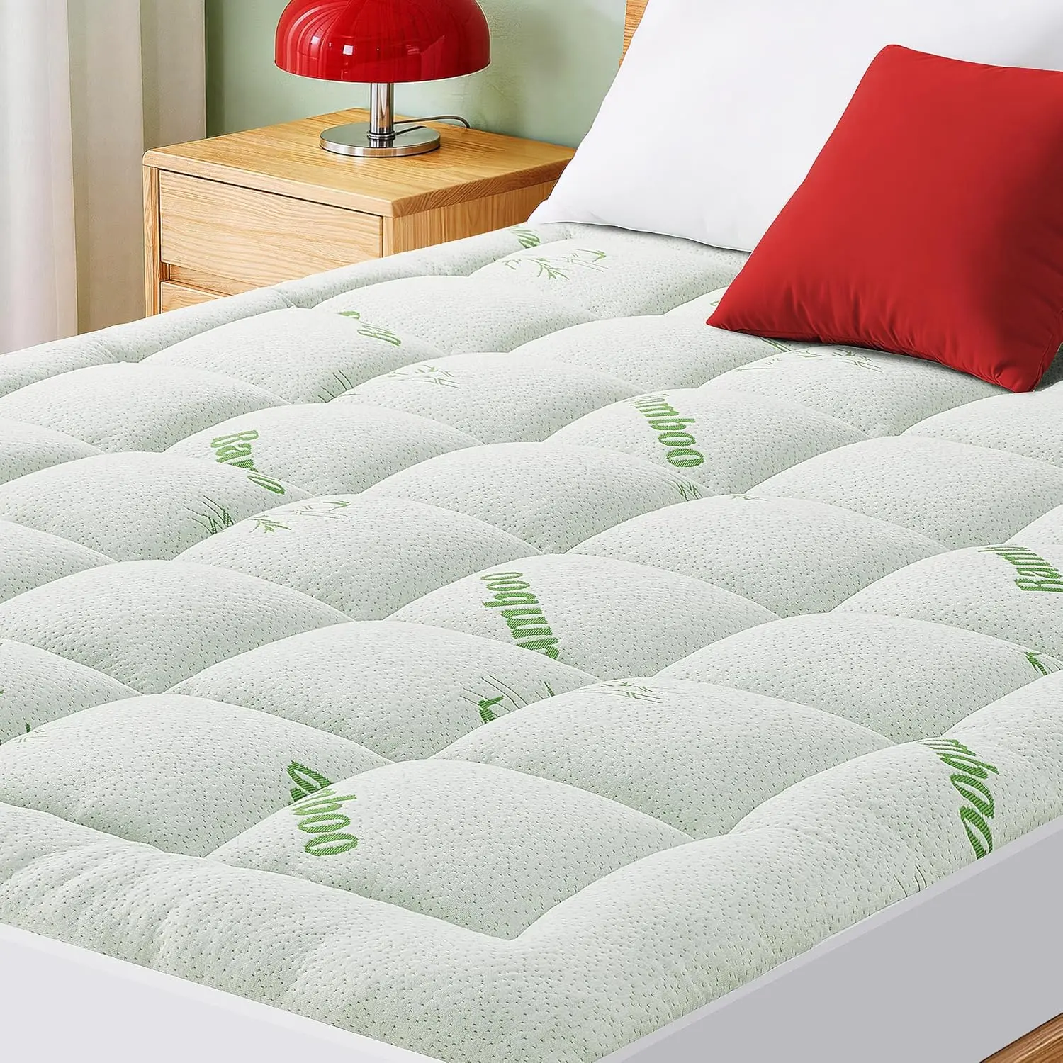 Full-Size Cooling Pillow Top Mattress Topper, Ultra-Soft Breathable Bamboo Viscose for Hot Sleepers, Deep Pocket Fits 8–20", Green