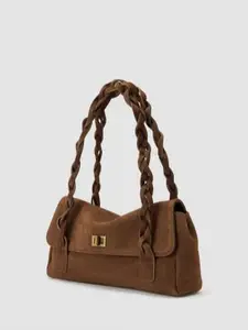 BRAIDED FAUX SUEDE SHOULDER BAG Y2K Style Top Handle Bag with Adjustable Straps for Daily Casual Use Solid Pattern Polyurethane Material