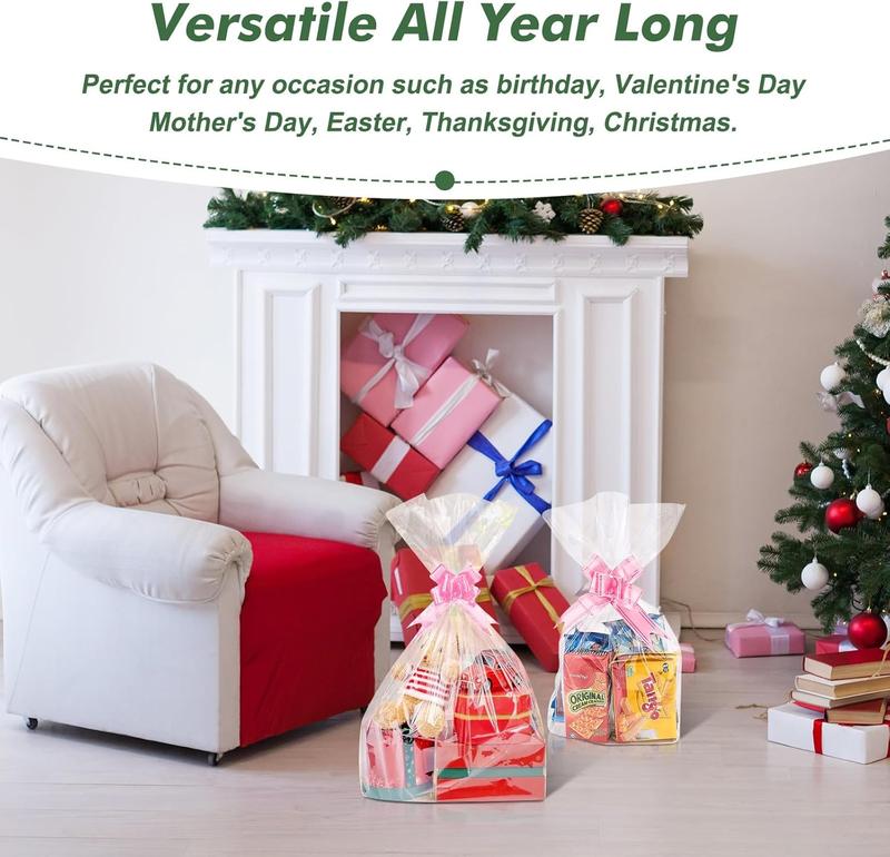 50 Packs 32 x 40 Inches Extra-large Cellophane Bags for Basket  Clear Cellophane Wraps Clear Huge Cello Bags for Baskets, Gifts, Christmas Trees, , Arts and Crafts, 50ct Ribbon Bows