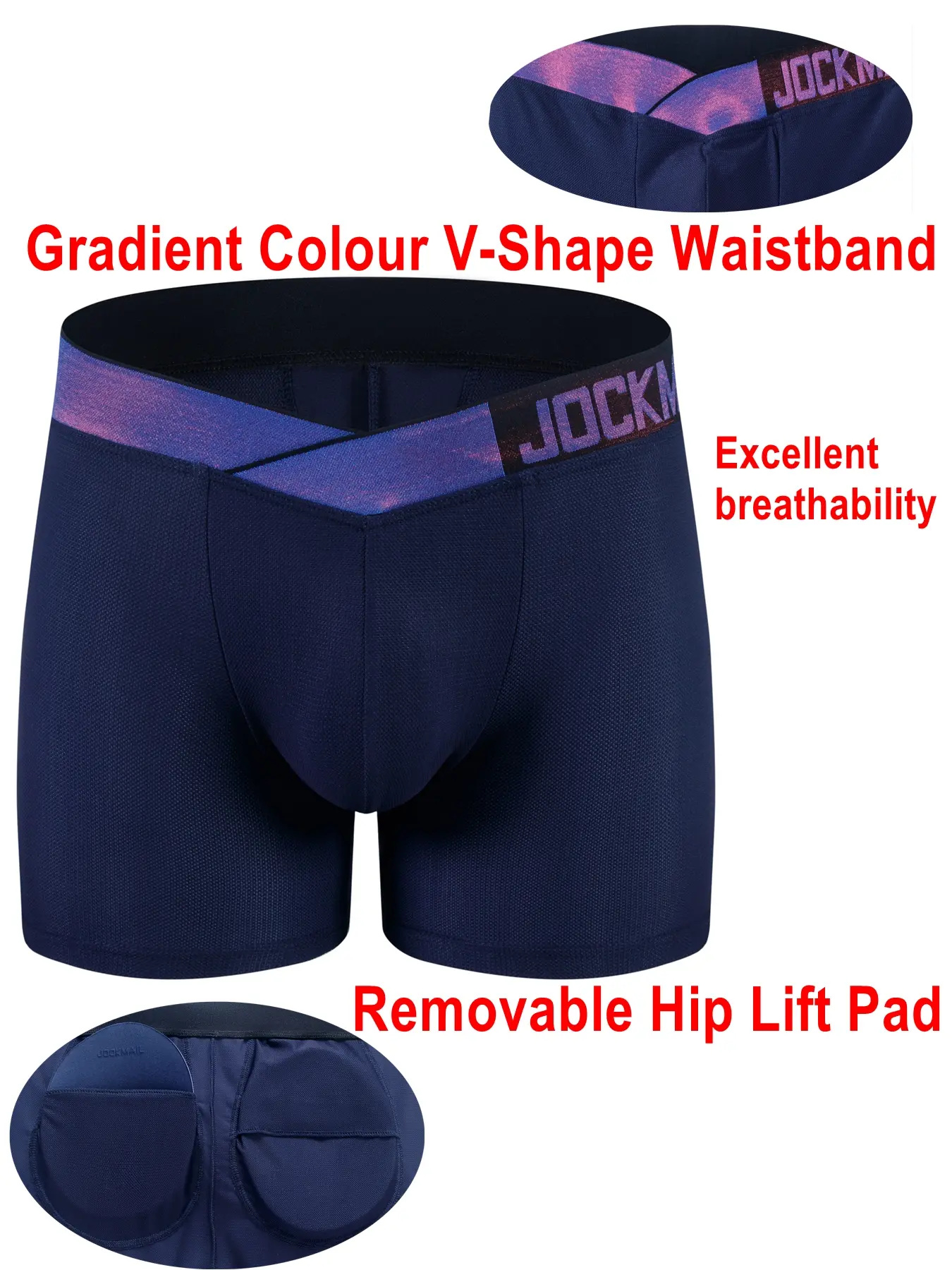 Jockmail Butt Lifting Fake Buttocks Removable Hip Pads Breathable Mesh Long Leg Boxer Brief Underwear, Club Fitness Shaping Men's Underpants