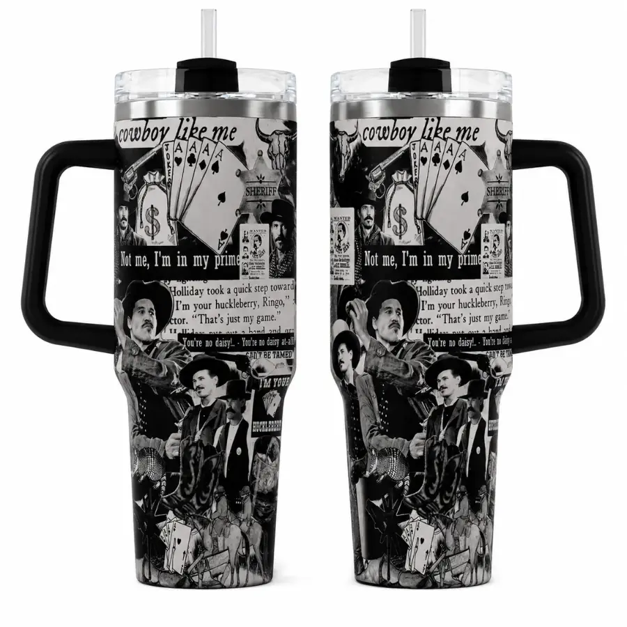 Doc Holliday Tumbler 30oz 40oz, Cowboy Like Me Western Travel Cup with Handle, Vintage Black & White Outlaw Collage, Huckleberry Cowboy Gift, Straw Not Included