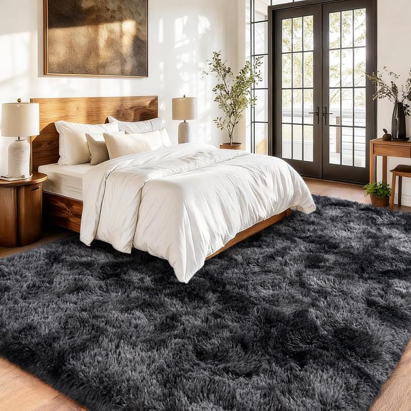 XEXSIN Black and Grey Area Rugs for Living Room Large Men Room Carpet Bedroom Fluffy Furry Shag Aesthetic Plush High Pile Floor Rug for Kids Room Dorm Home Decor Tie-dye Black Grey