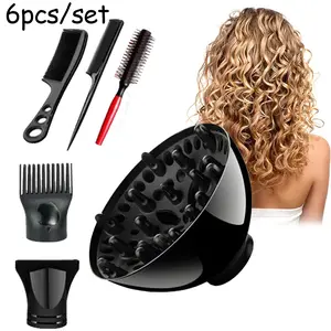 6-piece hair salon hair dryer styling set, including air collection nozzle, comb flat duck head air collection nozzle, styling large diffuser, toothed comb, curling hair comb, natural wave shaped hair dryer diffuser set, used for styling and curling hair