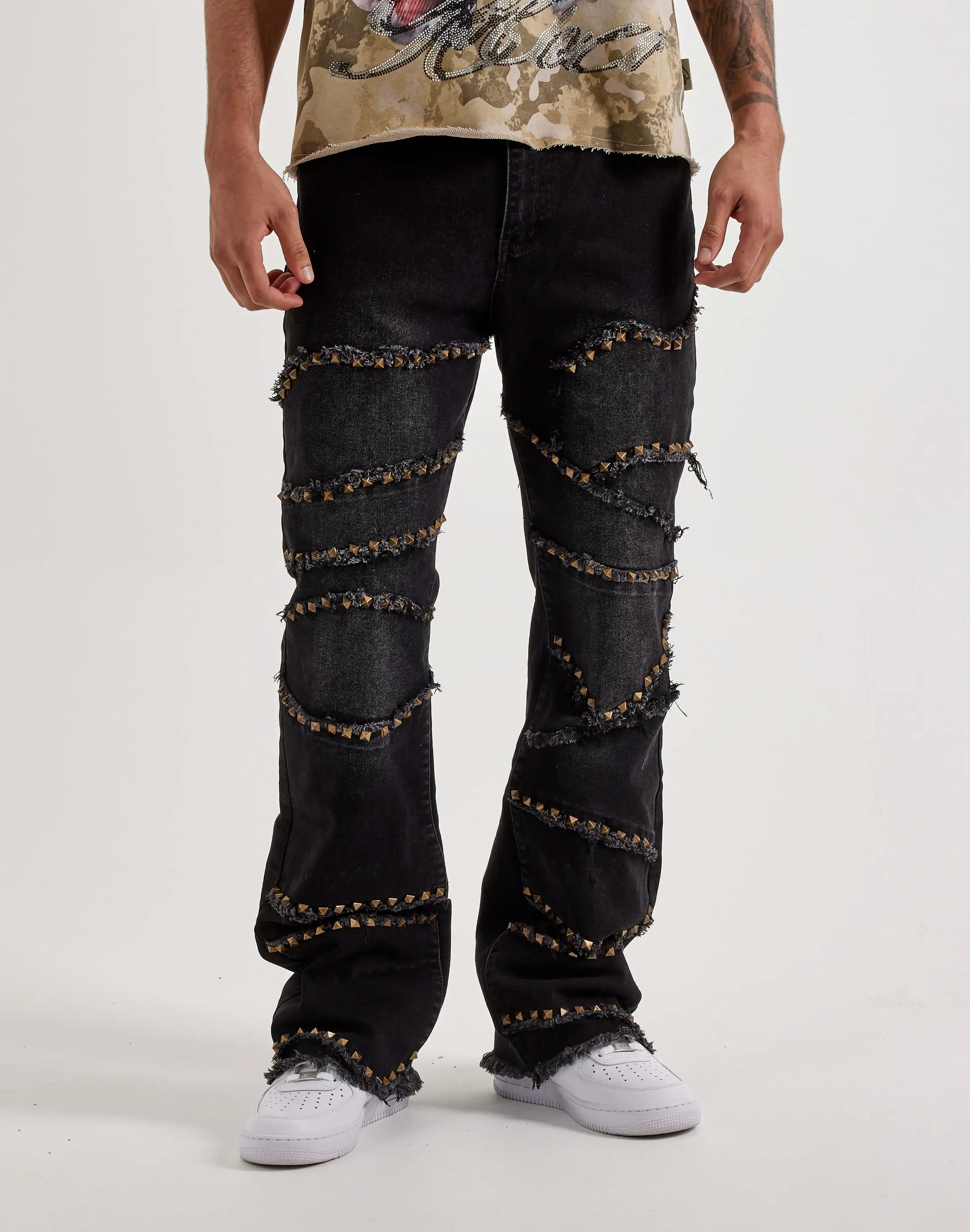 Mens Caliber Cluster Pyramid Stud Stacked Denim Jeans