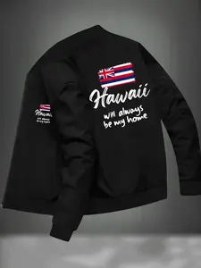 Men's Fashion Hawaiian Print Casual Jacket, Slim Fit Stand Collar Zipper Design with Pockets, Fall Winter Wear, Geometric Pattern