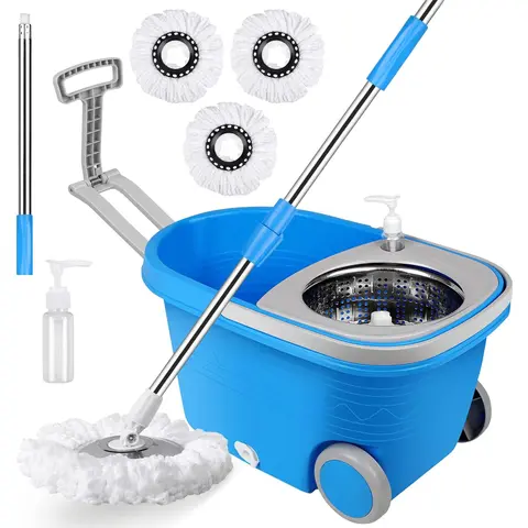 Easywring Microfiber Spin Mop & Bucket Floor Cleaning System with 3 Extra Refills and 61" Stainless Steel Adjustable Handle for Floor Cleaning