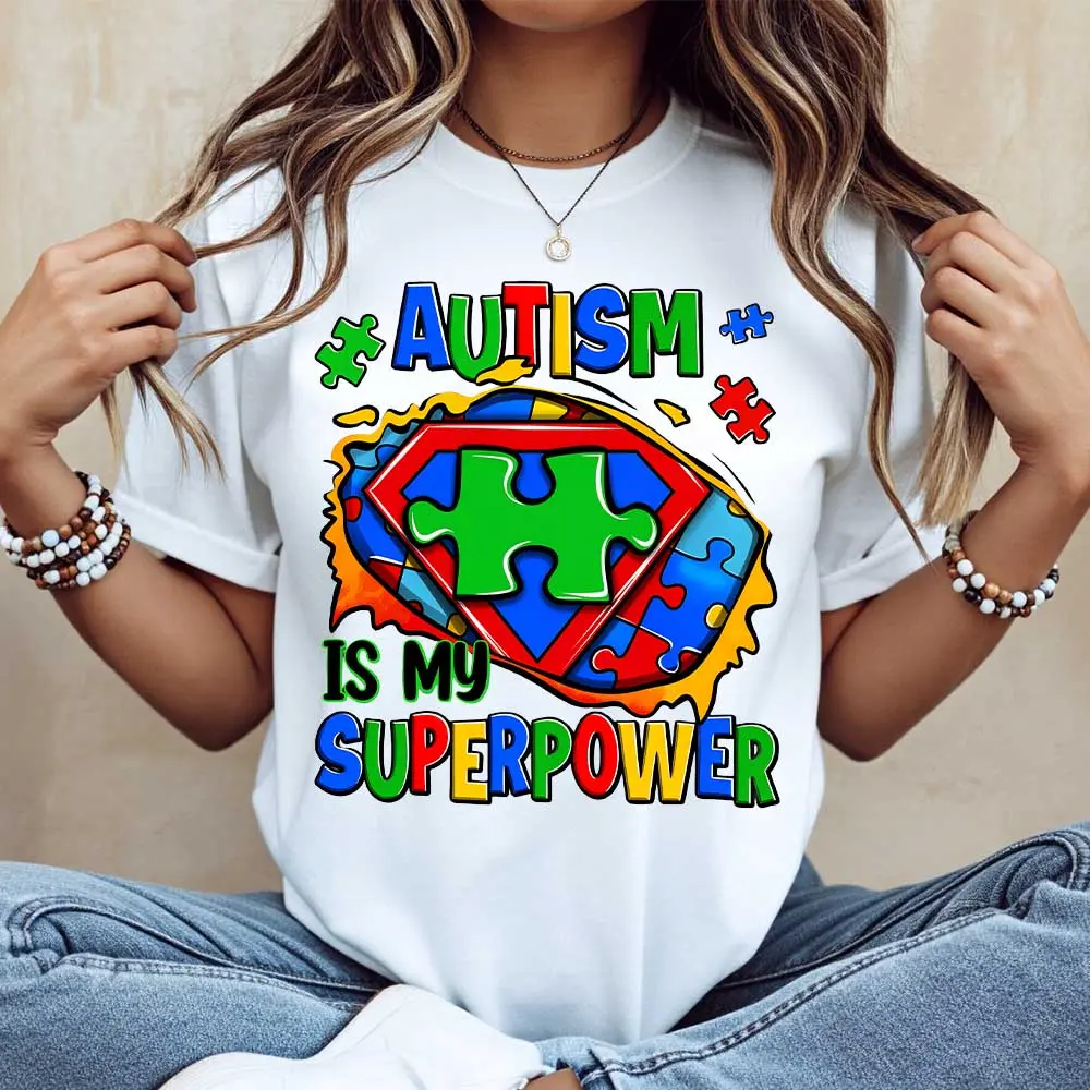 Autism Is My Superpower Puzzle Piece Superman Logo Print Tshirt Casual Round Neck Short Sleeve Tee For Women And Men Autism Awareness Gift Daily Wear