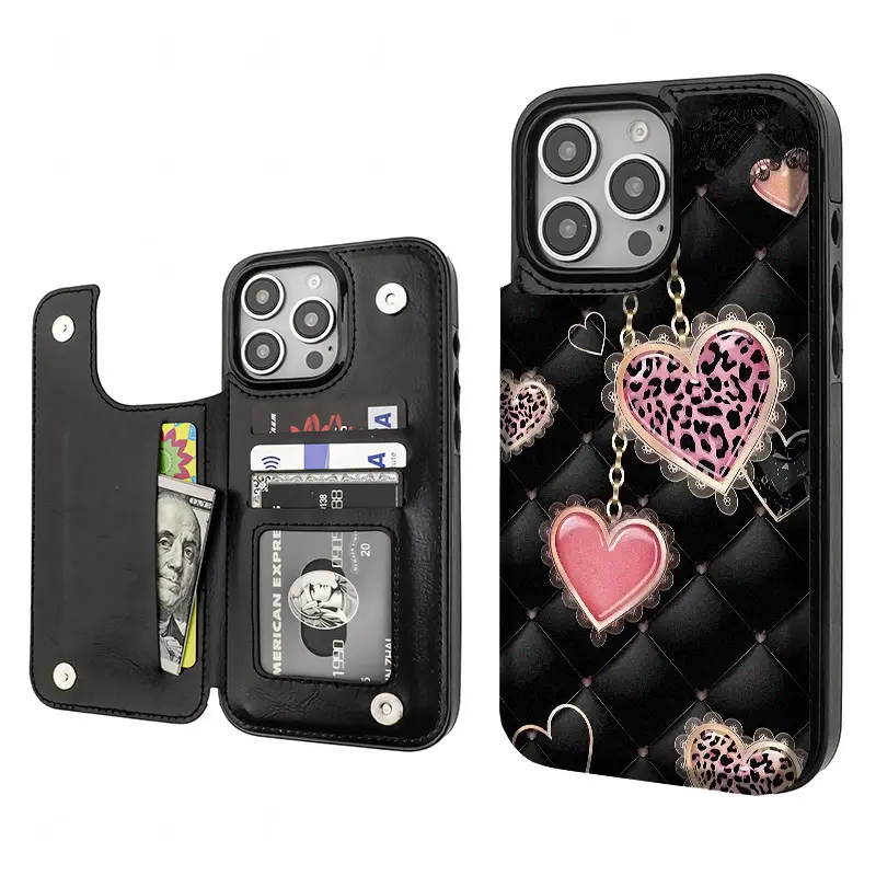 Leopard print heart-shaped Aesthetics Pattern Phone Cases Compatible For With iphone 17 16 15 14 13 12 PRO PLUS MAX Air PU Durable Flip High quality Leather Credit Card Bag Holder Gift Wallet Shockproof Anti-Drop Full Protection Phone Cases Shell Cover