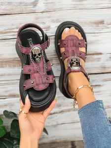Summer New Fashion Gothic Skull Rivet Thick Sole Sandals Women, Punk Platform One Strap Roman Beach Shoes, Stylish and Comfortable