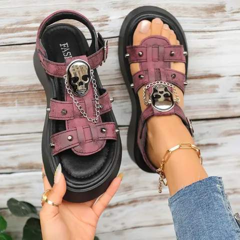 Summer New Fashion Gothic Skull Rivet Thick Sole Sandals Women, Punk Platform One Strap Roman Beach Sandals, Fashionable Casual Sandals, Casual Beach Shoes, Casual Fashion Sandals, Footwear for Beach, PU Upper Rubber Sole