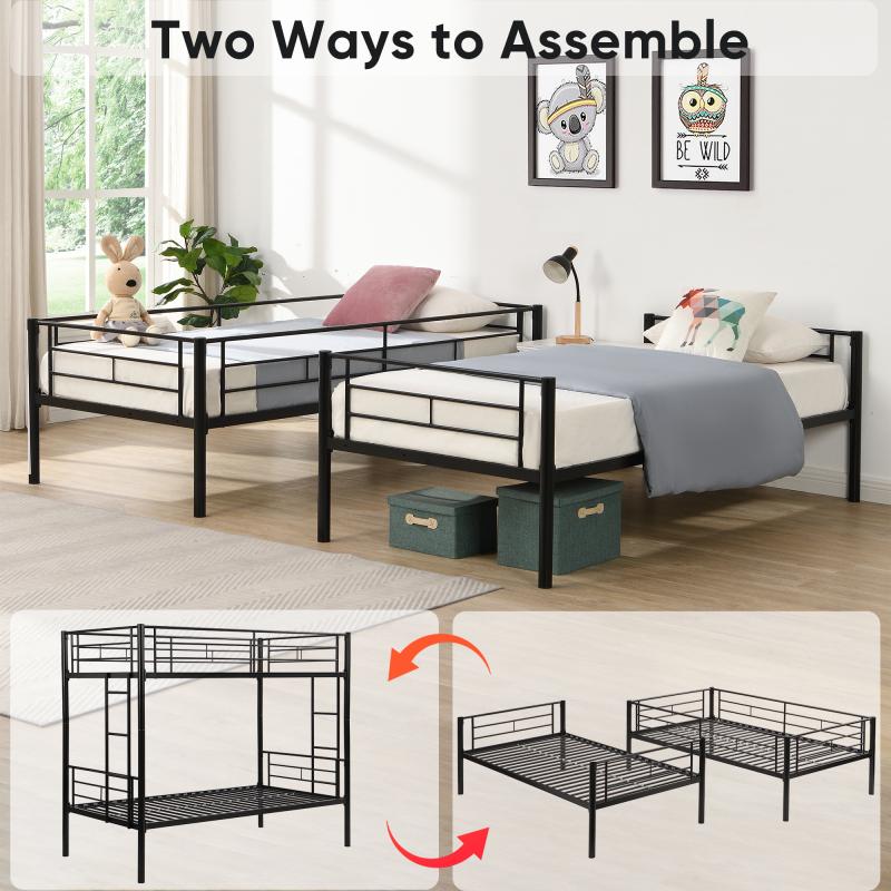 [Bellemave]Bunk Bed Twin Over Twin Size with 2 Ladders and Full-Length Guardrail, Metal, Storage Space, No Box Spring Needed, Noise Free, Black