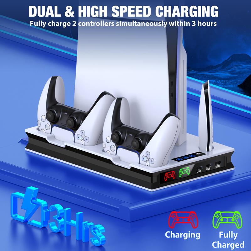 PS5 Stand and Cooling Station with Controller Charging Station for PS5 Slim/PS5/PS5 Pro, PS5 Accessories Incl,3 Levels Cooling Fan, 3 USB Hub, Headset Holder, Media Slot for PS5 Slim&PS5 Disc/Digital Console