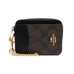 Coach Card Case for Women – Color-Blocked Canvas and Leather with Metal Logo, Black and Brown Monogram