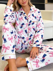 Women's Sleepwear Set, Bow Print Pajamas, Comfortable Lapel Long Sleeve Top and Long Pants, Soft Nightwear for Women, Casual Home Loungewear, Matching Pajamas Set