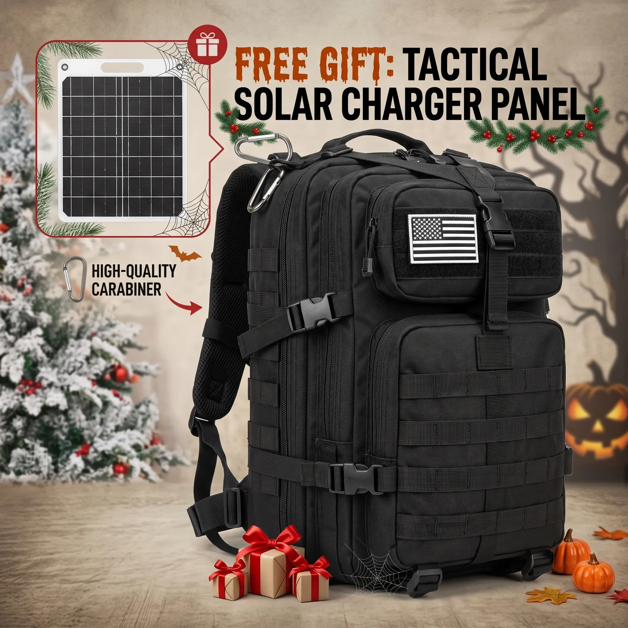 45L Tactical Solar Backpack with Charger USB Ports & US Flag Patch, Rugged Waterproof Molle Military Rucksack, Daypack for Camping Hiking Travel Emergency Survival, Unique Christmas Halloween Holiday Gifts for Men Dad Outdoor Enthusiasts Waterproof Durabl