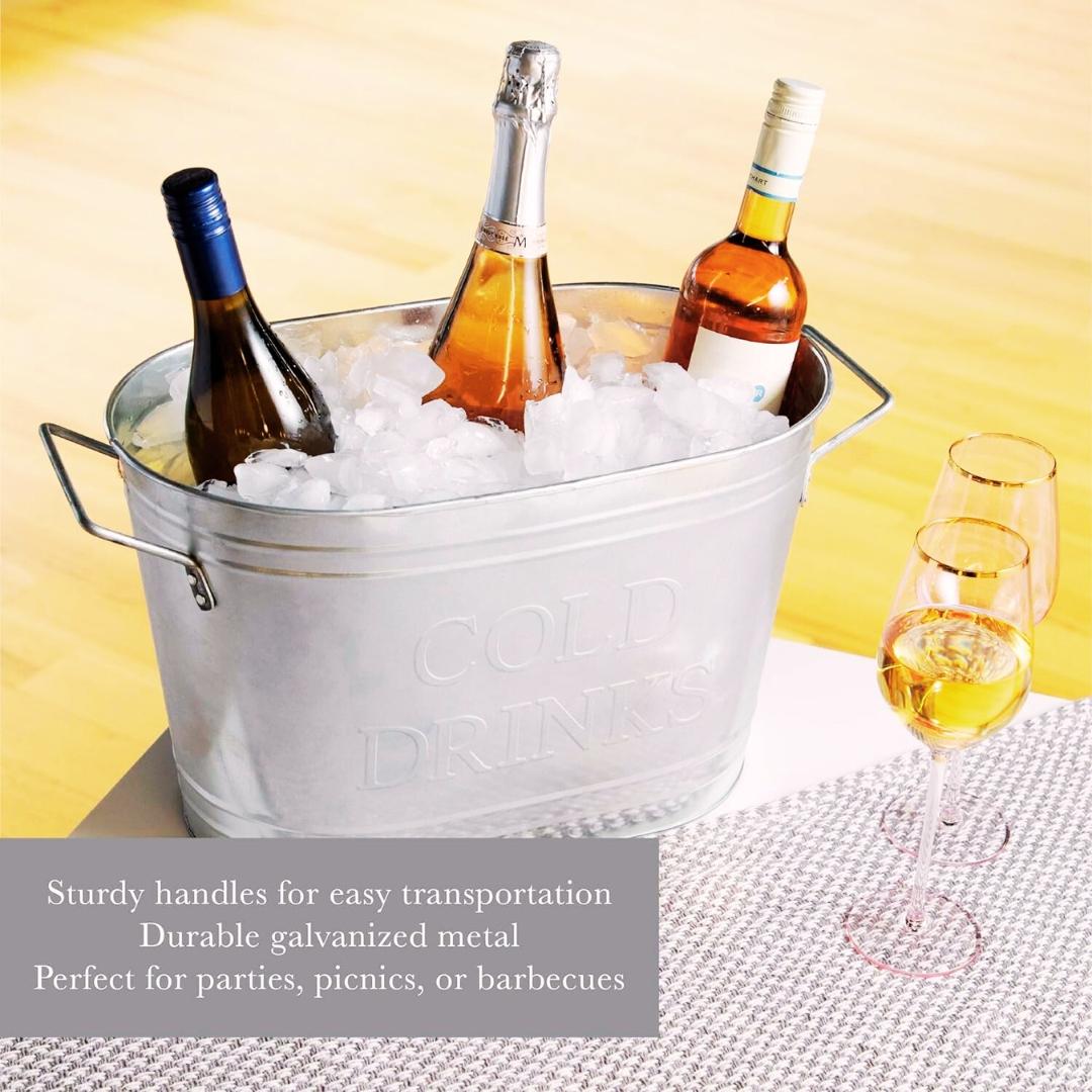 Insulated Drink Galvanized Bucket, Beer and Beverage Tub, Metal Bucket, Ice Buckets for Parties, Holds 5.35 Gallons, Silver