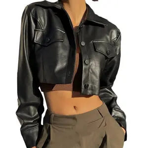 New Black Cropped Leather Jacket for Women/Ladies/Girls, Solid Color, Casual, Long Sleeve, Button-Front, Autumn Outerwear