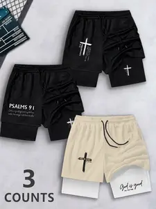 Men's 3-Piece Vintage Cross Print Gym Shorts, Psalm 91/philippians/god Is Good, Fitted Street Style, Anti-Chafe Lining, &