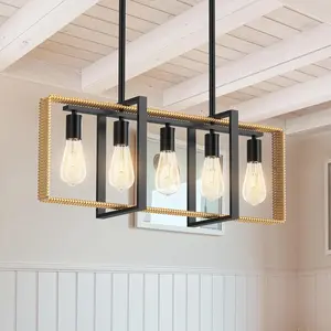 Kitchen Island Lighting,5-Light Adjustable Dining Room Light Fixtures, Rattan Frame Pendant Ceiling Chandelier，Modern Pendant Lighting for Dining Room Kitchen Island Farmhouse,(excluding bulbs and dimmers)
