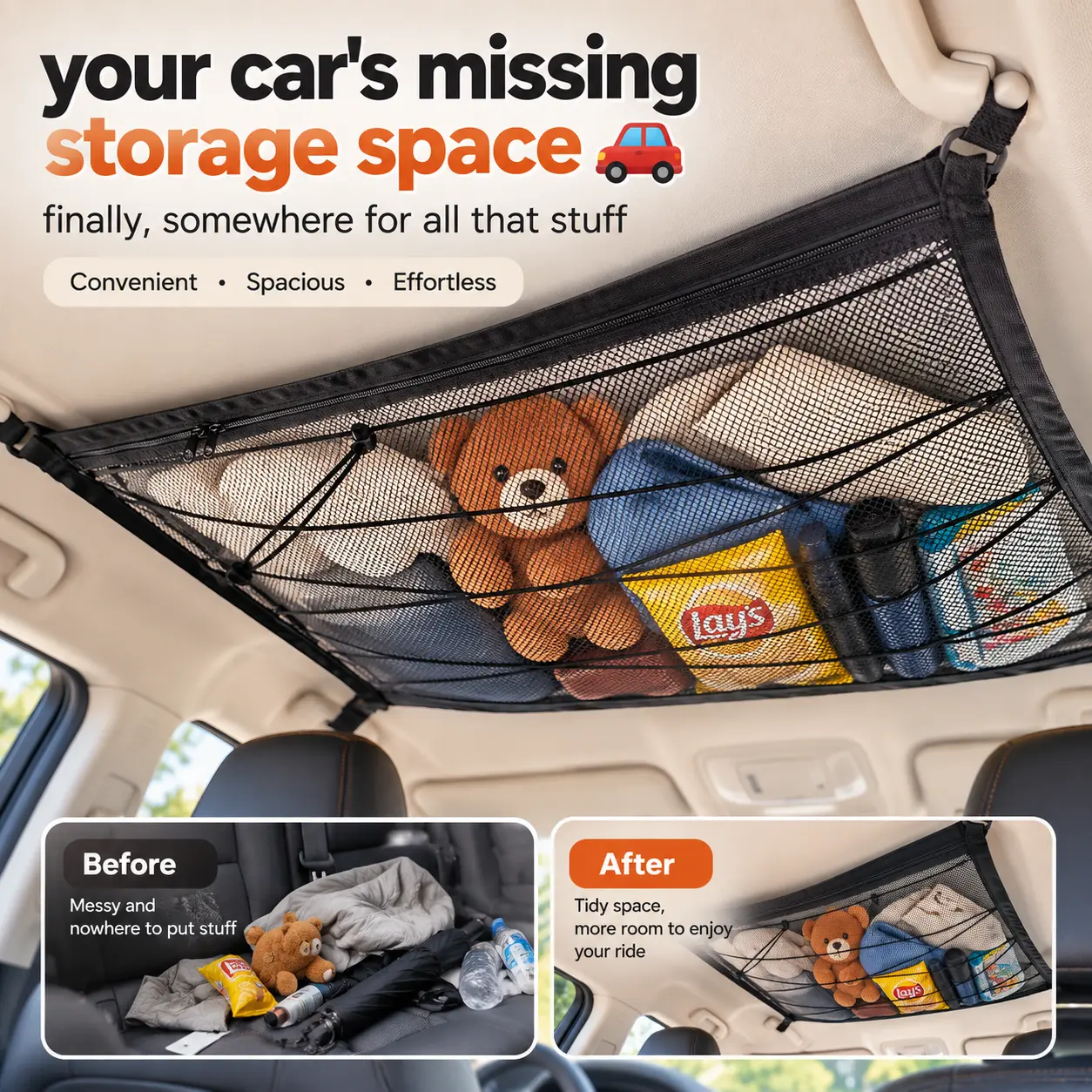 Car Ceiling Storage Net — Overhead Mesh Organizer for Trunk & Backseat