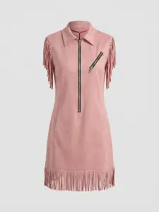 Women's Retro Trendy Pink Suede Leather Statement Dress, Shoulder Tassels Effortless Drape Shape Enhancing, Good for Stagecoach Theme Party Photoshoot