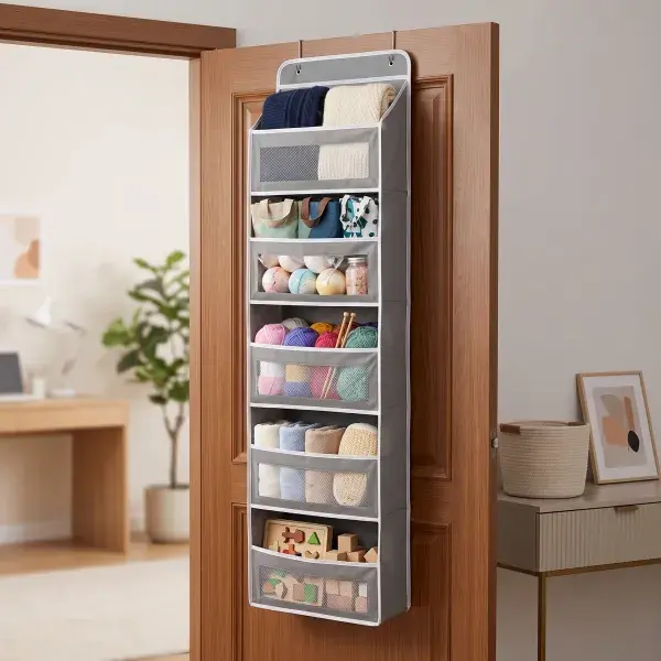 5 Layer Anti-Tilt Over Door Hanging Storage Rack, Space-Saving Behind Door Organizer Holds Up To 40lbs, Anti-Tip Design Storage Caddy for Bathroom, Laundry Room, Pantry, Baby Room Essentials, Kitchen Gadgets & Bedroom Supplies device product