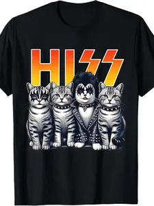 Adorable Cat Rocker Graphic Tee Round Neck, Unisex Short Sleeve Fitted Crop Top, Casual Design, Perfect Gift for Cat Lovers and Animal Enthusiasts