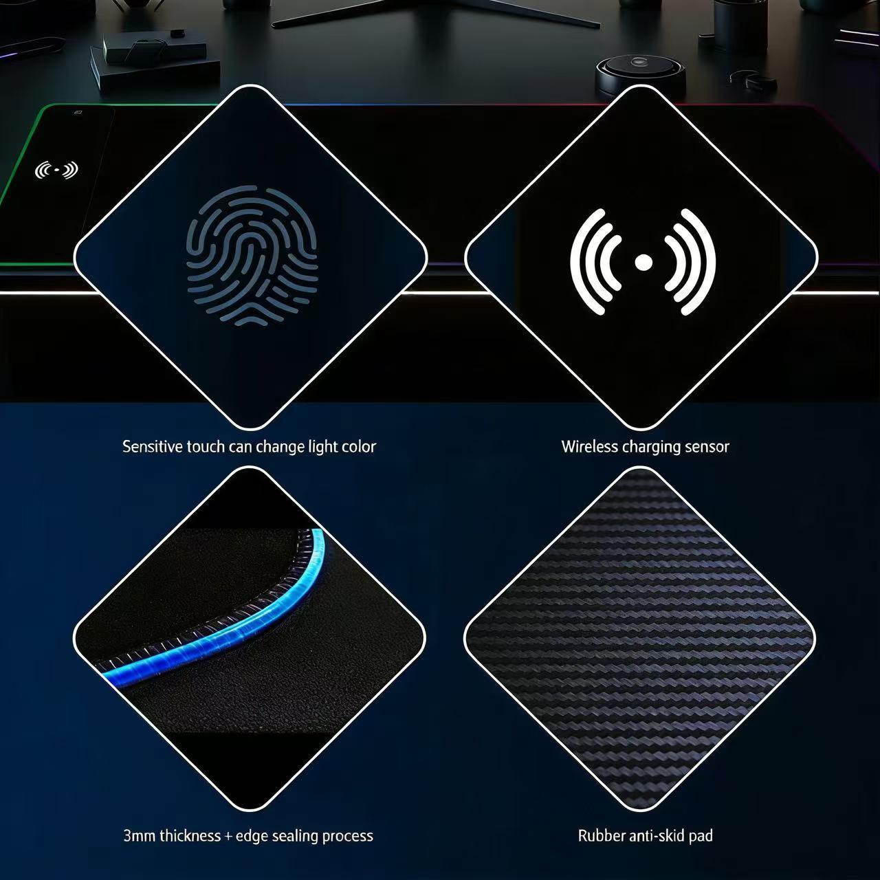 RGB Gaming Mouse Pad with Wireless Charging, Large LED Desk Mat with Multiple Light Modes, Non-Slip Base, Fast Charging Mousepad for iPhone/Android, Perfect for PC Gamers & Office Use
