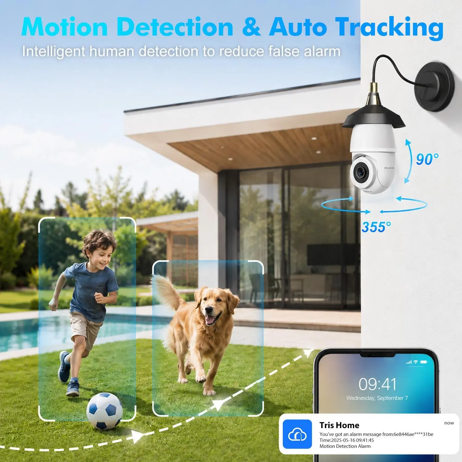 2K Light Bulb Security Camera, 2.4G & 5GHz Dual Band WiFi Wireless Smart Socket Camera with 360° Motion Tracking, Full Color Night Vision, Siren & Spotlight, 2-Way Audio, Alexa Compatibility & Local Card Storage (Indoor/Outdoor Use)