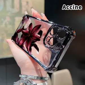 Electroplated Four Corner Anti-Fall Dew - kissed Lilies' Rhapsody Pattern Phone Case for iPhone 16 Pro Max 15 Plus 14 13 12 11 E Shockproof Transparent Protective Cover