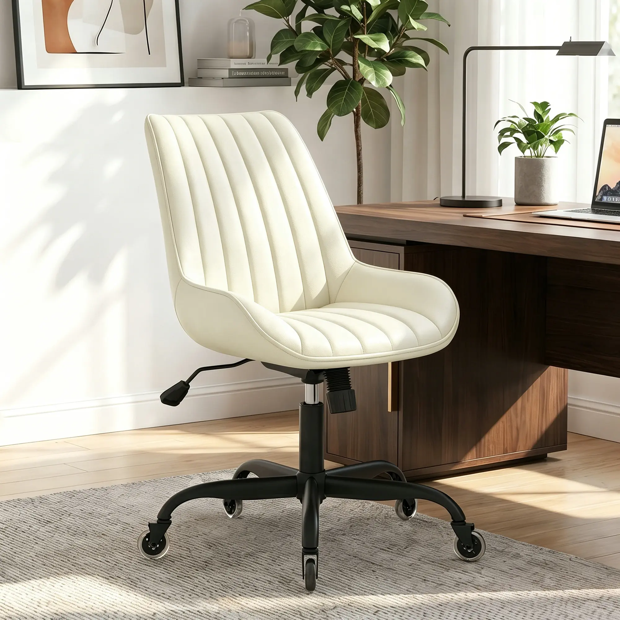 Armless Office Chair, Mid Back Modern Desk Chair with Rubber Wheels, 360 Swivel PU Leather Office Chair No Arms, Adjustable Height Small Computer Chair, Armless Desk Chair for Office