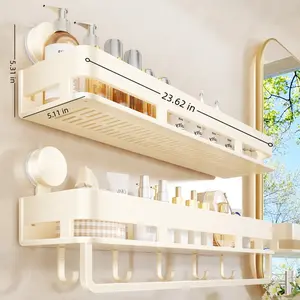 2026 New 24in Adjustable Shower Caddy Corner Organizer with Hooks & Towel Bar Suction Cup No Drilling Rust Proof Aluminum Shelf for Shower & Kitchen 2-Pack