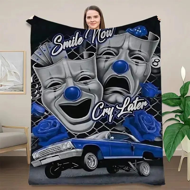 Smile Now Cry Later Clown Cozy Chic Blanket, Ultra-Soft Flannel Heavyweight Warm Bold Blue Black Vintage Car Themed, Decorative Giftable Blankets for Horror Fans, Machine Washable All-Season Bedroom Throw, Gifts for Him Birthday Christmas Present