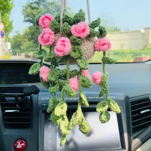 OnEternal Crochet Rose Car Hanging Ornament, Car Rearview Mirror Hanging Plant Decoration, Car Interior Decoration Accessories for Women & Girls, Car Interior Decorative, Car Interior Accessory, Car Interior Ornaments